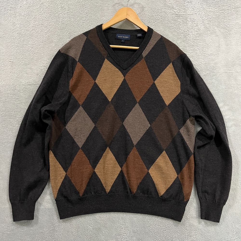 VTG 90s‎ Scott Barber Sweater Mens Large Argyle Merino Wool V-Neck Preppy